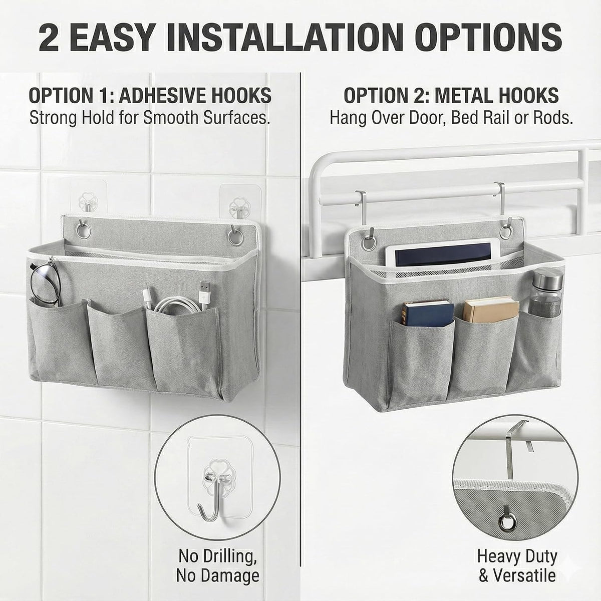 2-Pack Wall Hanging Storage Bag, Over the Door Organizer with Large Mesh Pockets, Hanging Wall Basket Storage for Pantry, Bedroom, Bathroom, Heavy Duty Wall Mounted Storage for Dorm,Closet (Grey)