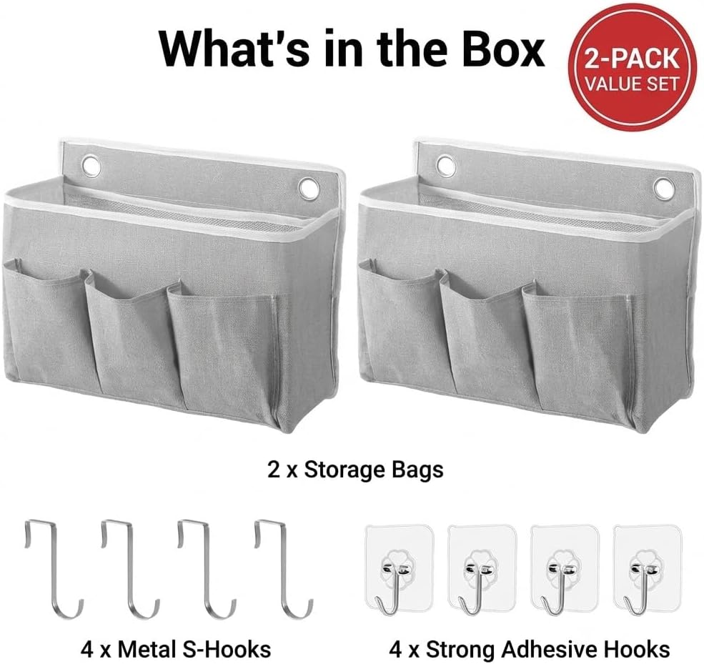 2-Pack Wall Hanging Storage Bag, Over the Door Organizer with Large Mesh Pockets, Hanging Wall Basket Storage for Pantry, Bedroom, Bathroom, Heavy Duty Wall Mounted Storage for Dorm,Closet (Grey)