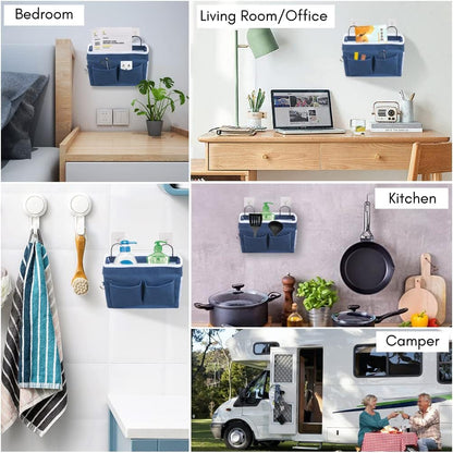 Middle Wall Hanging Organizer Bag, Linen Fabric Door Hanging Storage Basket with Pockets, Waterproof Bin for Kitchen, Bedroom, Office, RV Camper (Khaki)