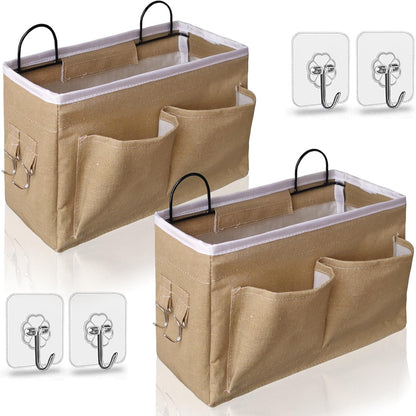 Middle Wall Hanging Organizer Bag, Linen Fabric Door Hanging Storage Basket with Pockets, Waterproof Bin for Kitchen, Bedroom, Office, RV Camper (Khaki)