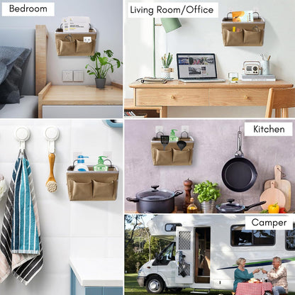 Middle Wall Hanging Organizer Bag, Linen Fabric Door Hanging Storage Basket with Pockets, Waterproof Bin for Kitchen, Bedroom, Office, RV Camper (Khaki)