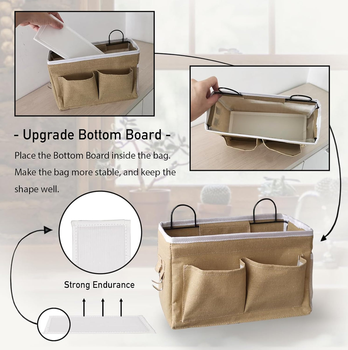 Middle Wall Hanging Organizer Bag, Linen Fabric Door Hanging Storage Basket with Pockets, Waterproof Bin for Kitchen, Bedroom, Office, RV Camper (Khaki)