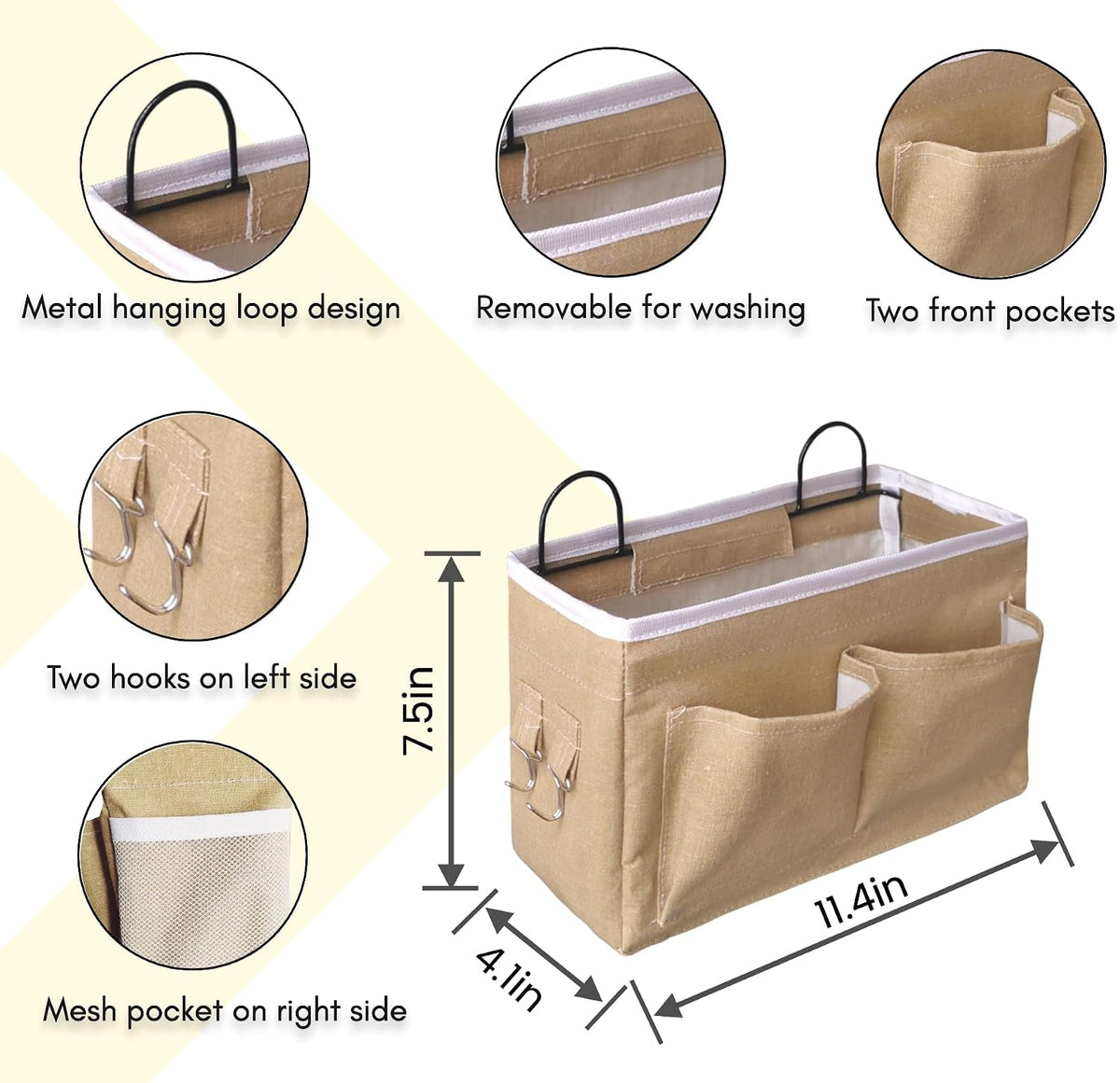 Middle Wall Hanging Organizer Bag, Linen Fabric Door Hanging Storage Basket with Pockets, Waterproof Bin for Kitchen, Bedroom, Office, RV Camper (Khaki)