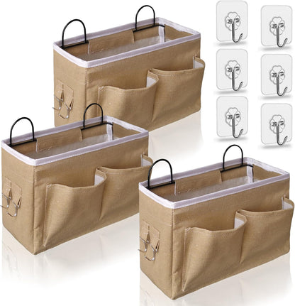 Middle Wall Hanging Organizer Bag, Linen Fabric Door Hanging Storage Basket with Pockets, Waterproof Bin for Kitchen, Bedroom, Office, RV Camper (Khaki)