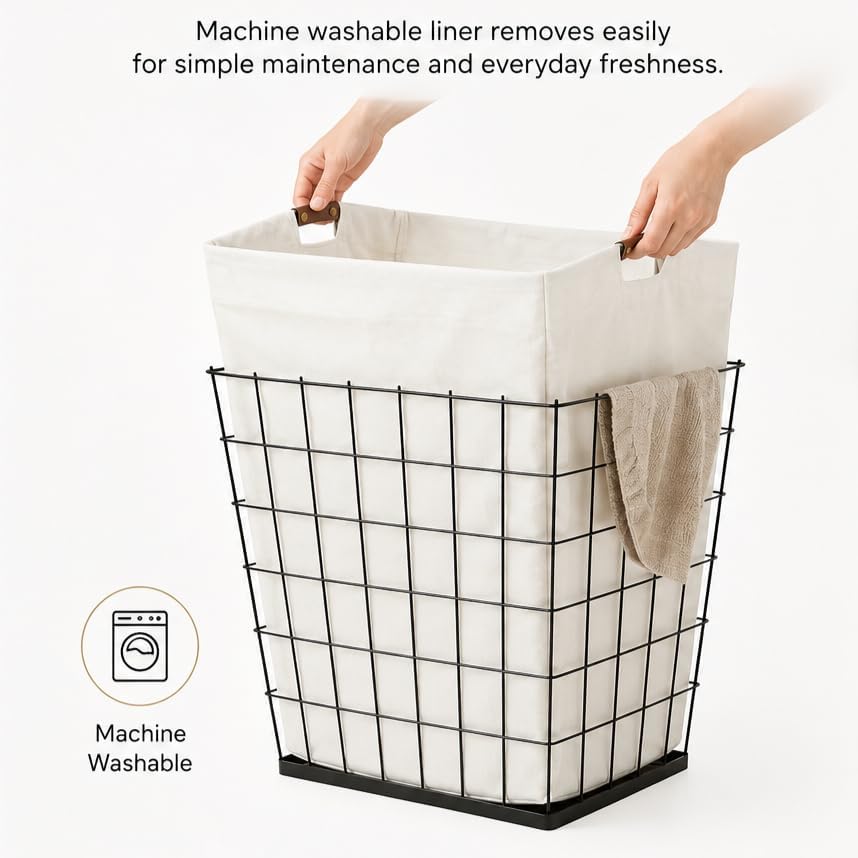 Steel Wire Laundry Hamper with Removable Cotton Blend Liner, 75L Rectangular Laundry Basket Ideal for Laundry, Storage, Decorative,Cream