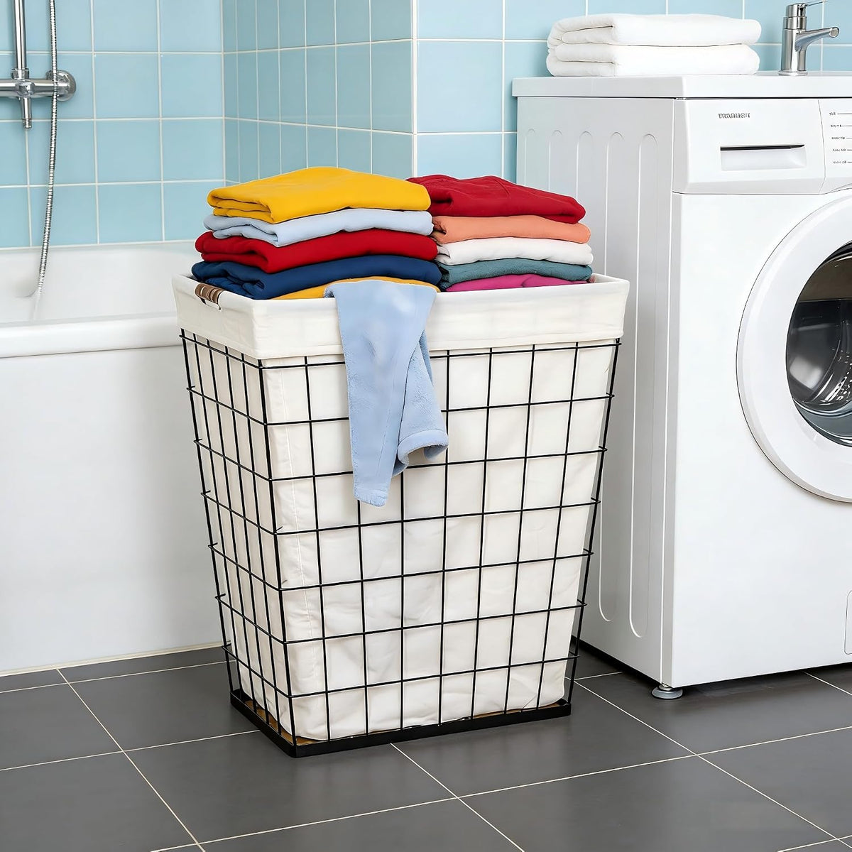 Steel Wire Laundry Hamper with Removable Cotton Blend Liner, 75L Rectangular Laundry Basket Ideal for Laundry, Storage, Decorative,Cream