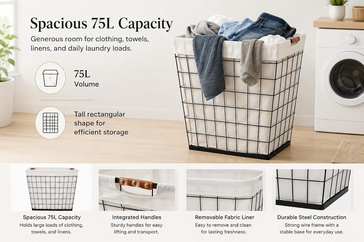 Steel Wire Laundry Hamper with Removable Cotton Blend Liner, 75L Rectangular Laundry Basket Ideal for Laundry, Storage, Decorative,Cream