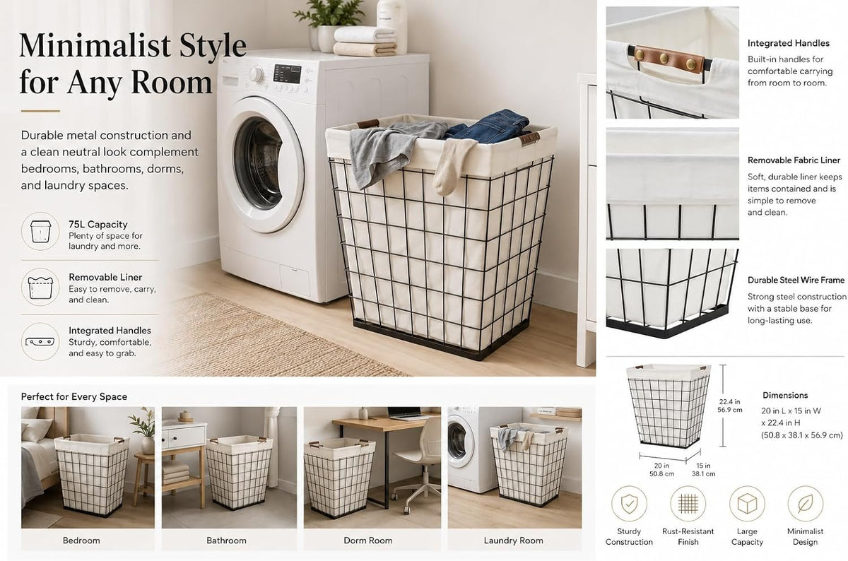 Steel Wire Laundry Hamper with Removable Cotton Blend Liner, 75L Rectangular Laundry Basket Ideal for Laundry, Storage, Decorative,Cream