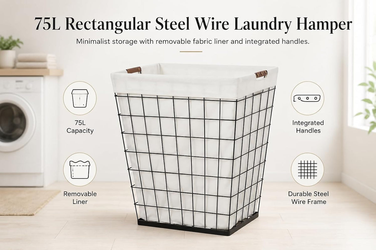Steel Wire Laundry Hamper with Removable Cotton Blend Liner, 75L Rectangular Laundry Basket Ideal for Laundry, Storage, Decorative,Cream