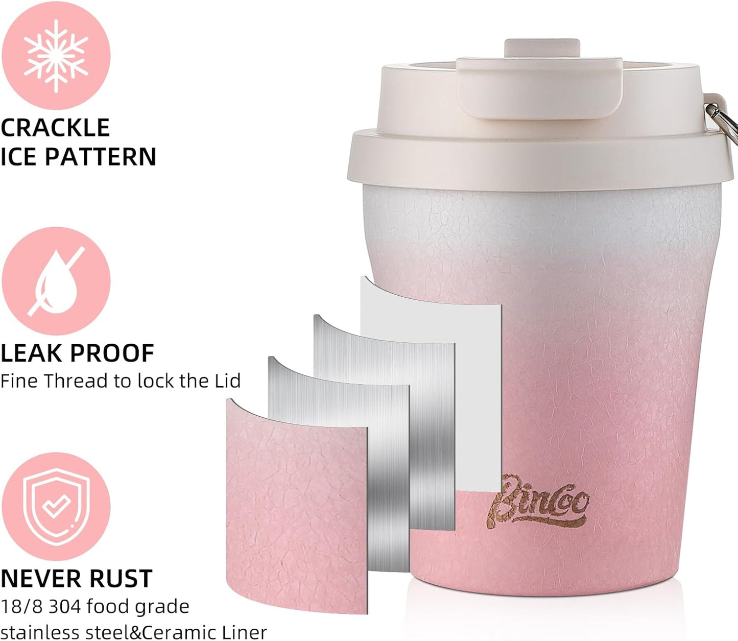 Cute Stainless Steel Ceramic Lined Tumbler, Ceramic Lined Travel Mug Insulated Coffee Cup, Leakproof Travel Coffee Tumbler Cups, Gifts For Women, 280ml (Pink)