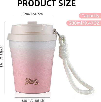 Cute Stainless Steel Ceramic Lined Tumbler, Ceramic Lined Travel Mug Insulated Coffee Cup, Leakproof Travel Coffee Tumbler Cups, Gifts For Women, 280ml (Pink)