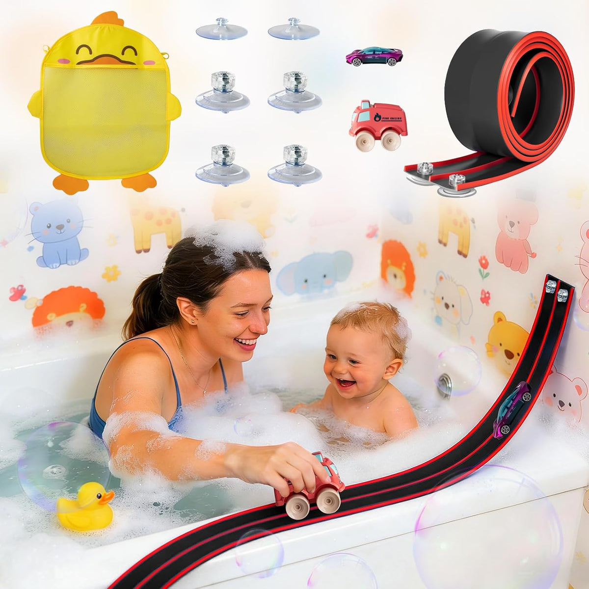 Flex Tracks 6.5 Ft for Kids Starter Set, Flexible Race Car Ramp Track with Suction Cups Compatible with Diecast 1/64th Cars for Ages 3 & Up (6.5Ft Blue & Red)
