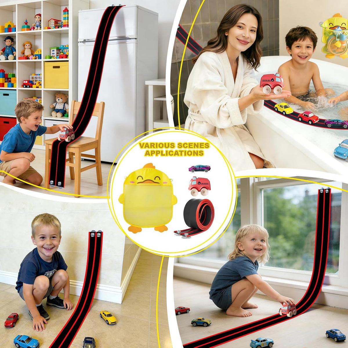 Flex Tracks 6.5 Ft for Kids Starter Set, Flexible Race Car Ramp Track with Suction Cups Compatible with Diecast 1/64th Cars for Ages 3 & Up (6.5Ft Blue & Red)