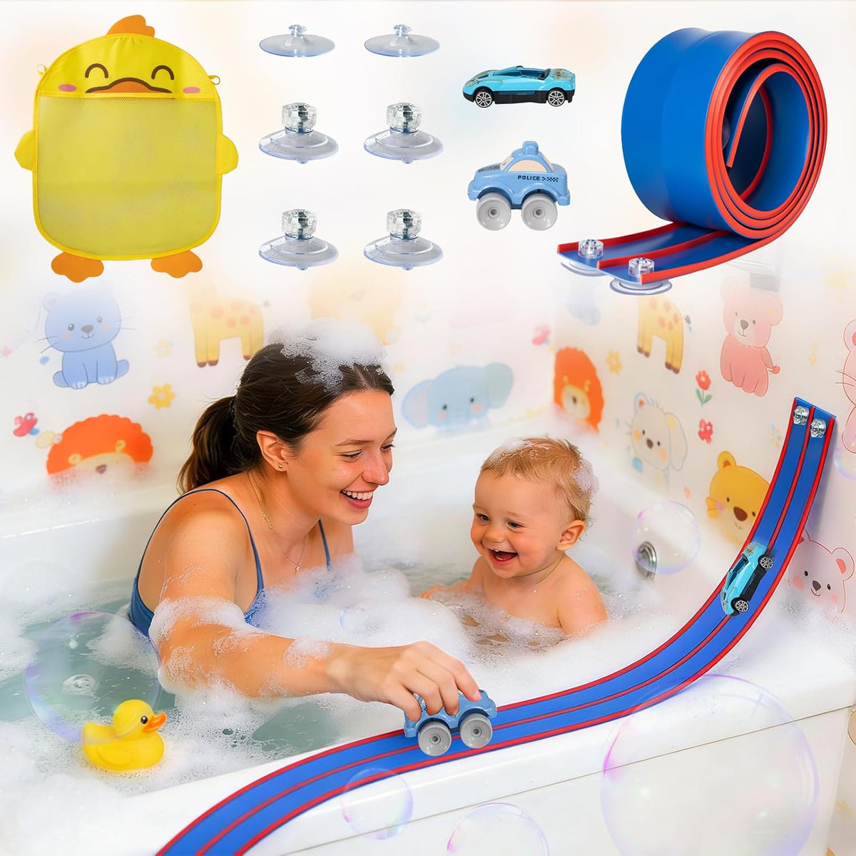 Flex Tracks 6.5 Ft for Kids Starter Set, Flexible Race Car Ramp Track with Suction Cups Compatible with Diecast 1/64th Cars for Ages 3 & Up (6.5Ft Blue & Red)