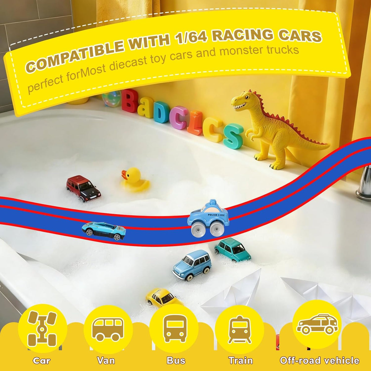 Flex Tracks 6.5 Ft for Kids Starter Set, Flexible Race Car Ramp Track with Suction Cups Compatible with Diecast 1/64th Cars for Ages 3 & Up (6.5Ft Blue & Red)