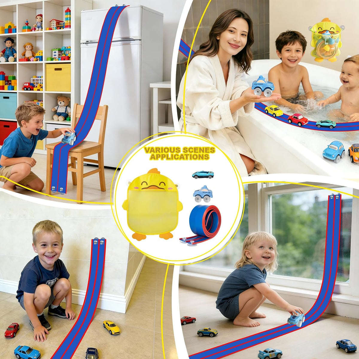 Flex Tracks 6.5 Ft for Kids Starter Set, Flexible Race Car Ramp Track with Suction Cups Compatible with Diecast 1/64th Cars for Ages 3 & Up (6.5Ft Blue & Red)