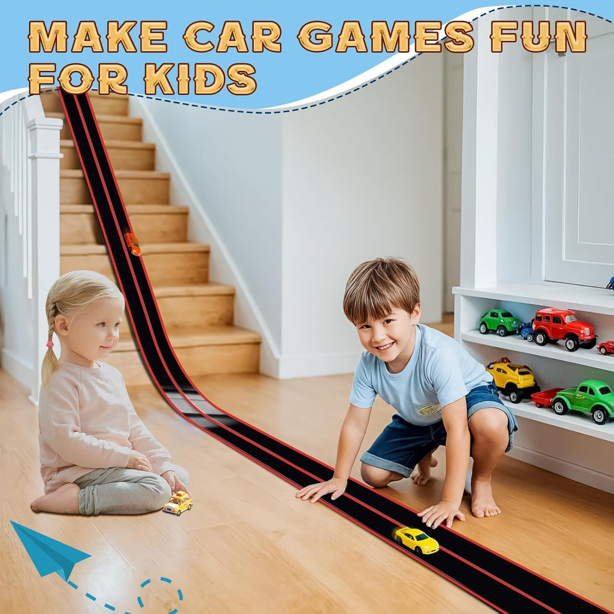 Flex Tracks 6.5 Ft for Kids Starter Set, Flexible Race Car Ramp Track with Suction Cups Compatible with Diecast 1/64th Cars for Ages 3 & Up (6.5Ft Blue & Red)