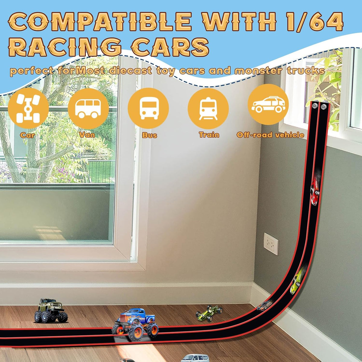 Flex Tracks 6.5 Ft for Kids Starter Set, Flexible Race Car Ramp Track with Suction Cups Compatible with Diecast 1/64th Cars for Ages 3 & Up (6.5Ft Blue & Red)