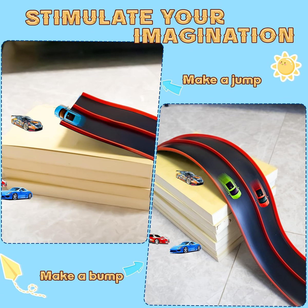 Flex Tracks 6.5 Ft for Kids Starter Set, Flexible Race Car Ramp Track with Suction Cups Compatible with Diecast 1/64th Cars for Ages 3 & Up (6.5Ft Blue & Red)