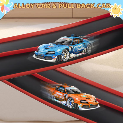 Flex Tracks 6.5 Ft for Kids Starter Set, Flexible Race Car Ramp Track with Suction Cups Compatible with Diecast 1/64th Cars for Ages 3 & Up (6.5Ft Blue & Red)