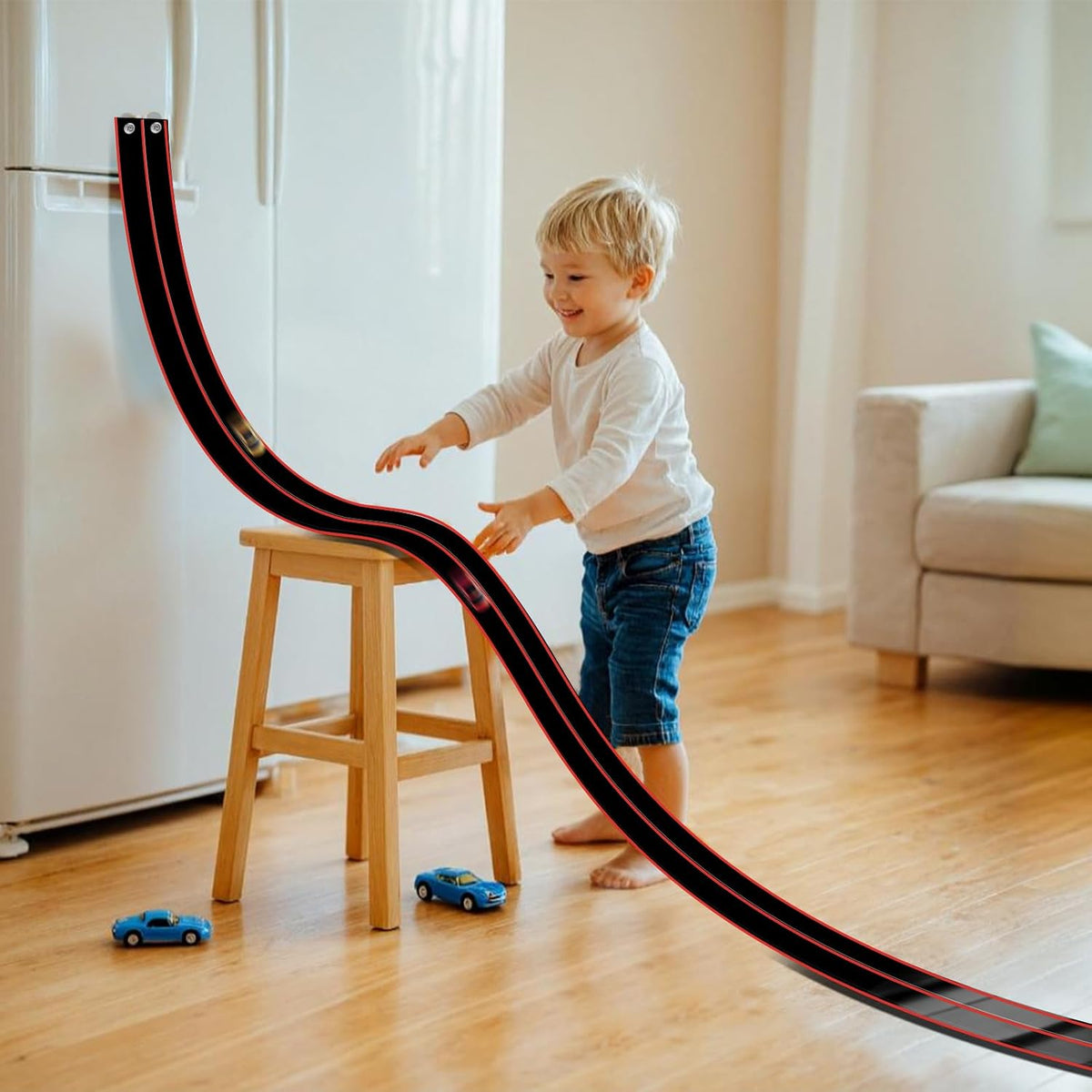 Flex Tracks 6.5 Ft for Kids Starter Set, Flexible Race Car Ramp Track with Suction Cups Compatible with Diecast 1/64th Cars for Ages 3 & Up (6.5Ft Blue & Red)