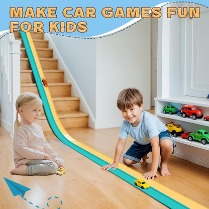 Flex Tracks 6.5 Ft for Kids Starter Set, Flexible Race Car Ramp Track with Suction Cups Compatible with Diecast 1/64th Cars for Ages 3 & Up (6.5Ft Blue & Red)