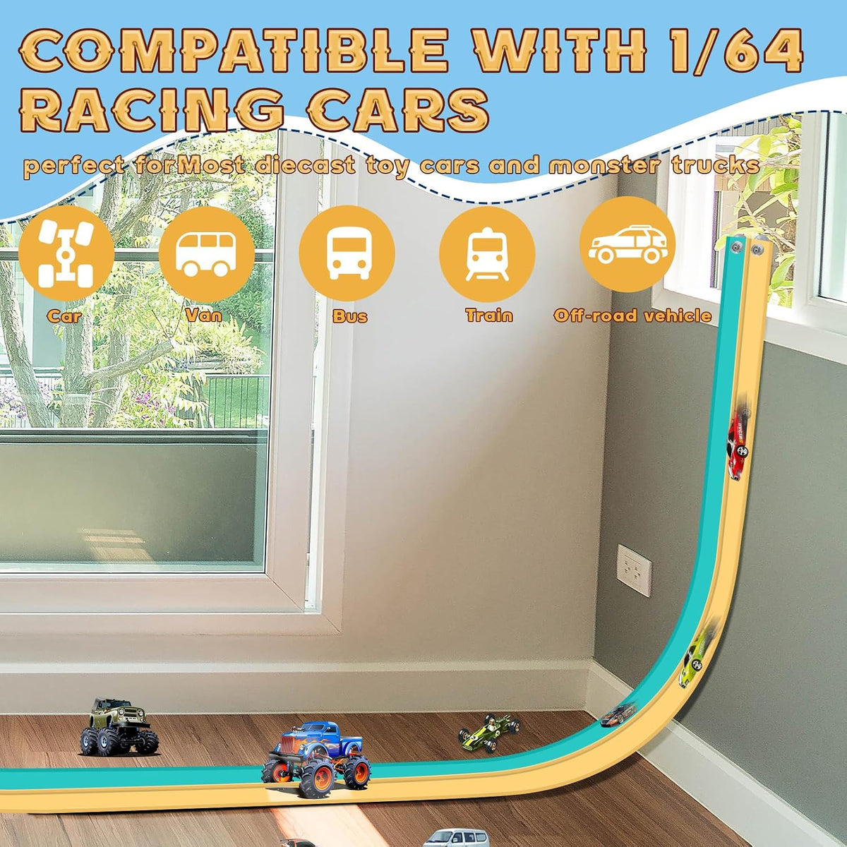 Flex Tracks 6.5 Ft for Kids Starter Set, Flexible Race Car Ramp Track with Suction Cups Compatible with Diecast 1/64th Cars for Ages 3 & Up (6.5Ft Blue & Red)