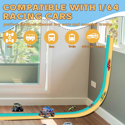 Flex Tracks 6.5 Ft for Kids Starter Set, Flexible Race Car Ramp Track with Suction Cups Compatible with Diecast 1/64th Cars for Ages 3 & Up (6.5Ft Blue & Red)