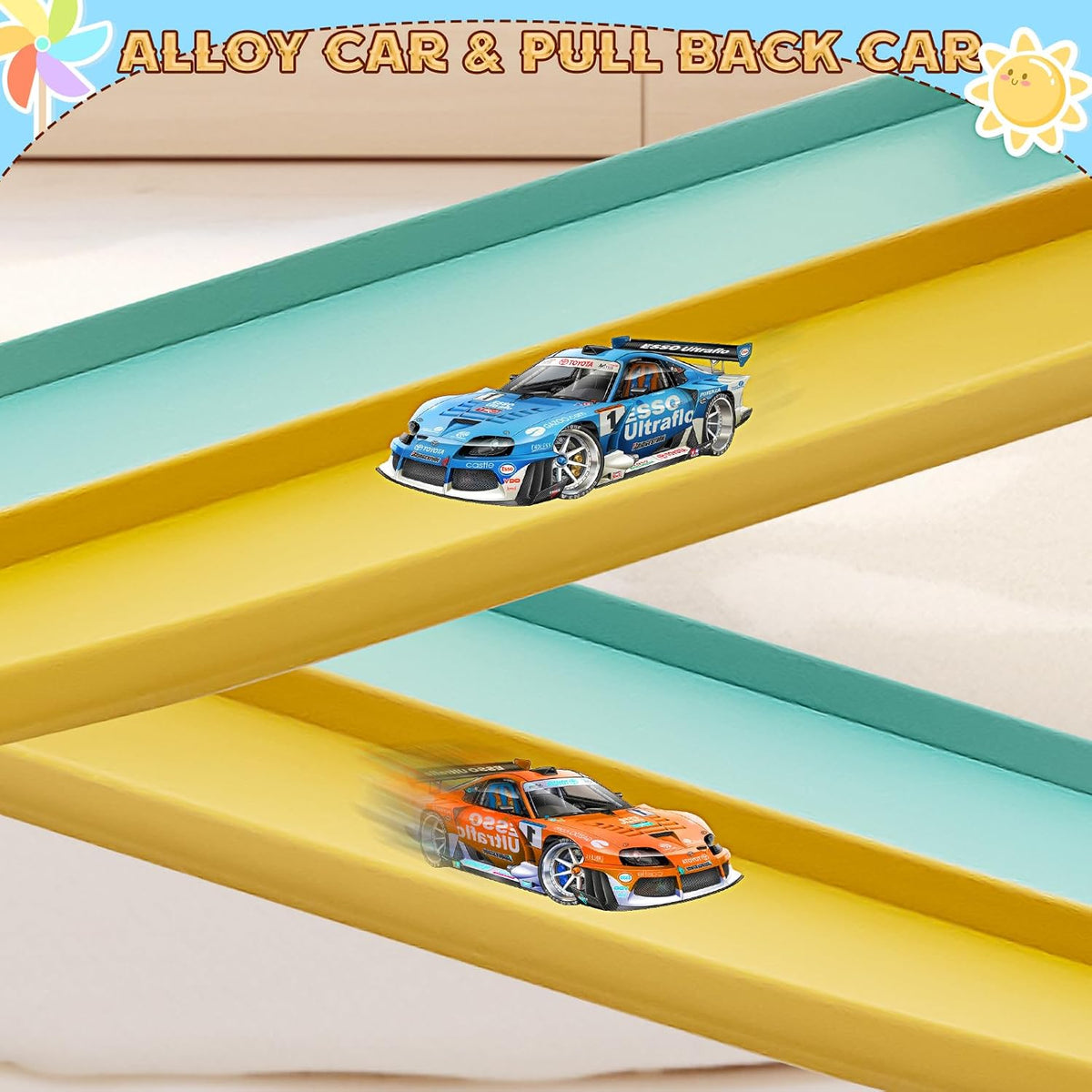 Flex Tracks 6.5 Ft for Kids Starter Set, Flexible Race Car Ramp Track with Suction Cups Compatible with Diecast 1/64th Cars for Ages 3 & Up (6.5Ft Blue & Red)