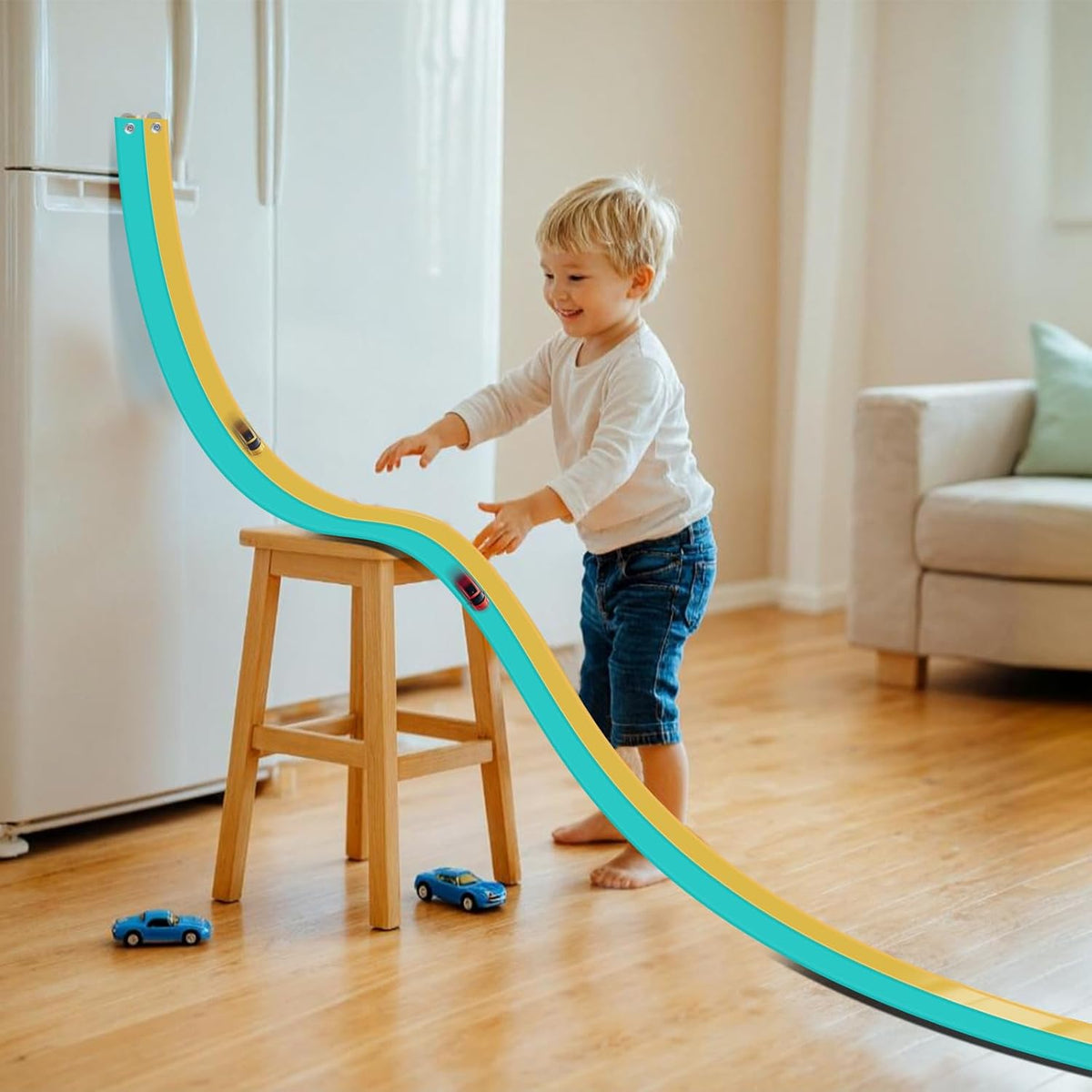 Flex Tracks 6.5 Ft for Kids Starter Set, Flexible Race Car Ramp Track with Suction Cups Compatible with Diecast 1/64th Cars for Ages 3 & Up (6.5Ft Blue & Red)