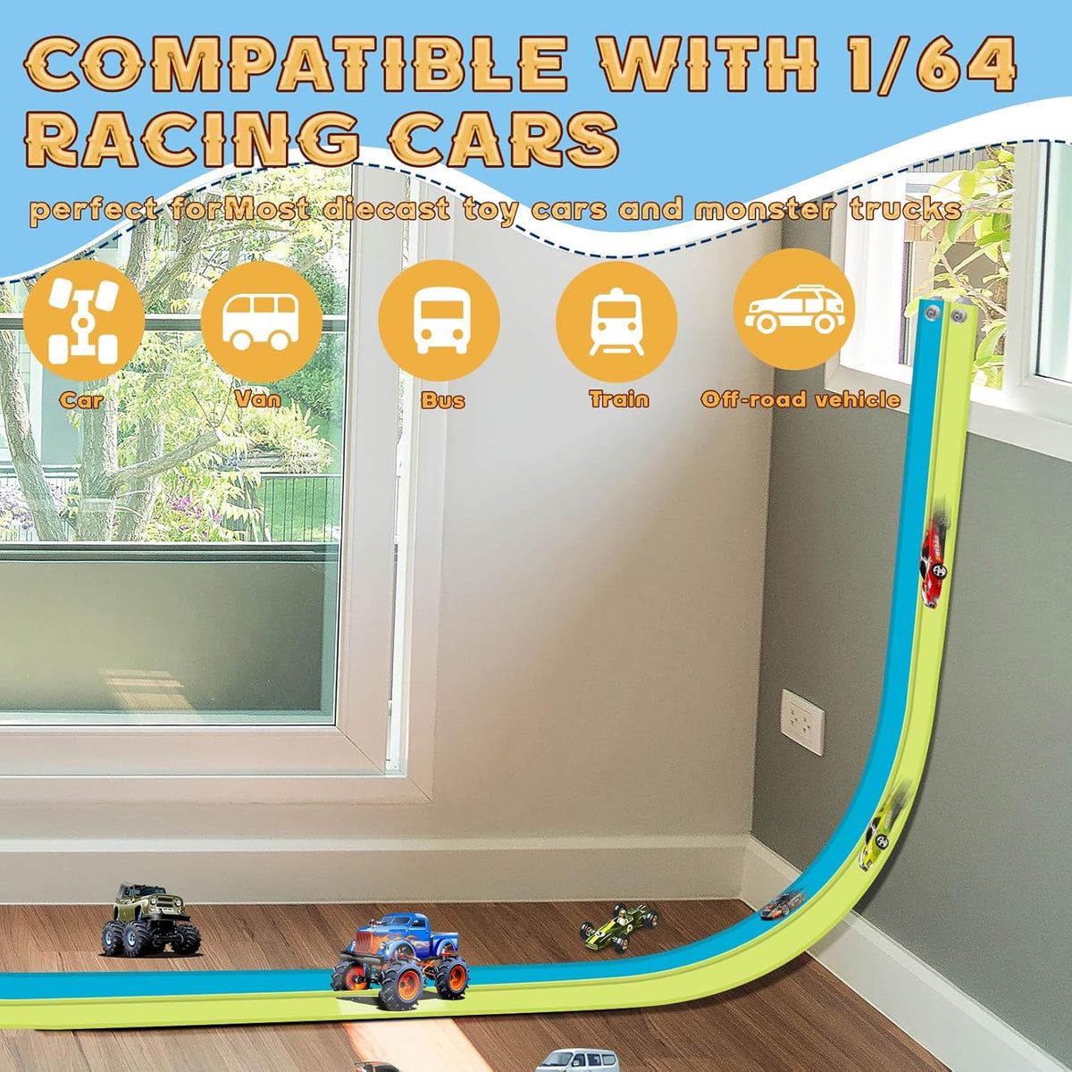 Flex Tracks 6.5 Ft for Kids Starter Set, Flexible Race Car Ramp Track with Suction Cups Compatible with Diecast 1/64th Cars for Ages 3 & Up (6.5Ft Blue & Red)
