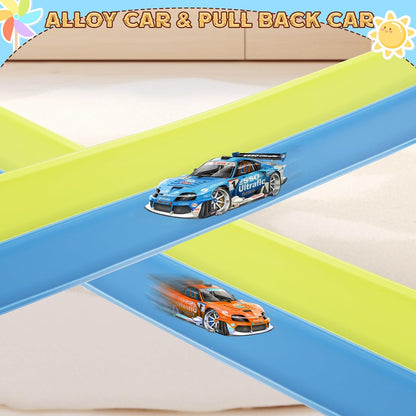 Flex Tracks 6.5 Ft for Kids Starter Set, Flexible Race Car Ramp Track with Suction Cups Compatible with Diecast 1/64th Cars for Ages 3 & Up (6.5Ft Blue & Red)