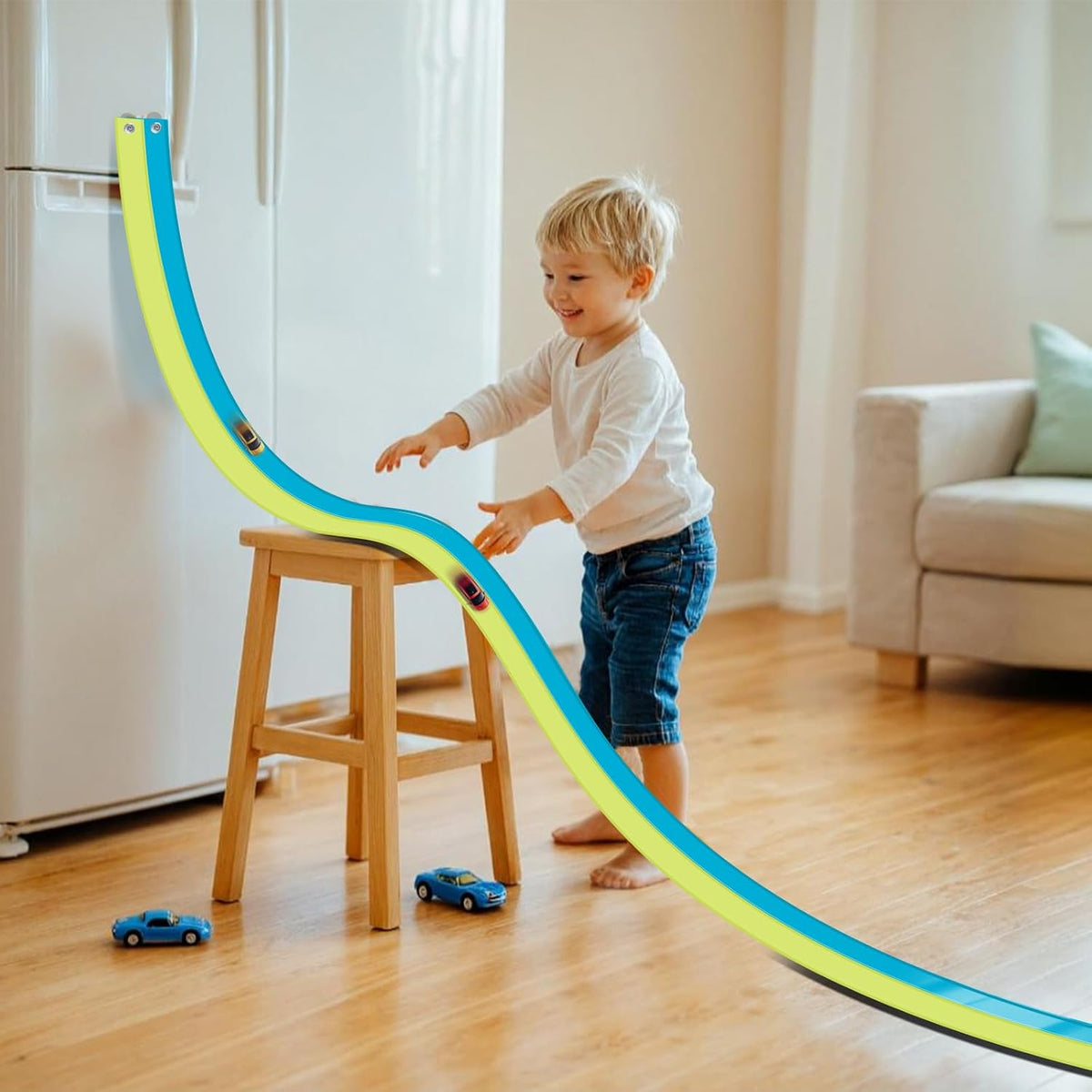 Flex Tracks 6.5 Ft for Kids Starter Set, Flexible Race Car Ramp Track with Suction Cups Compatible with Diecast 1/64th Cars for Ages 3 & Up (6.5Ft Blue & Red)