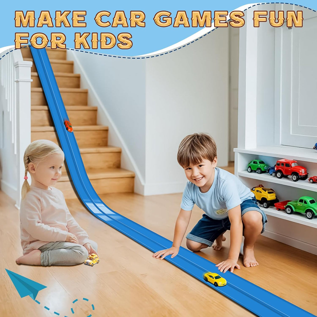 Flex Tracks 6.5 Ft for Kids Starter Set, Flexible Race Car Ramp Track with Suction Cups Compatible with Diecast 1/64th Cars for Ages 3 & Up (6.5Ft Blue & Red)