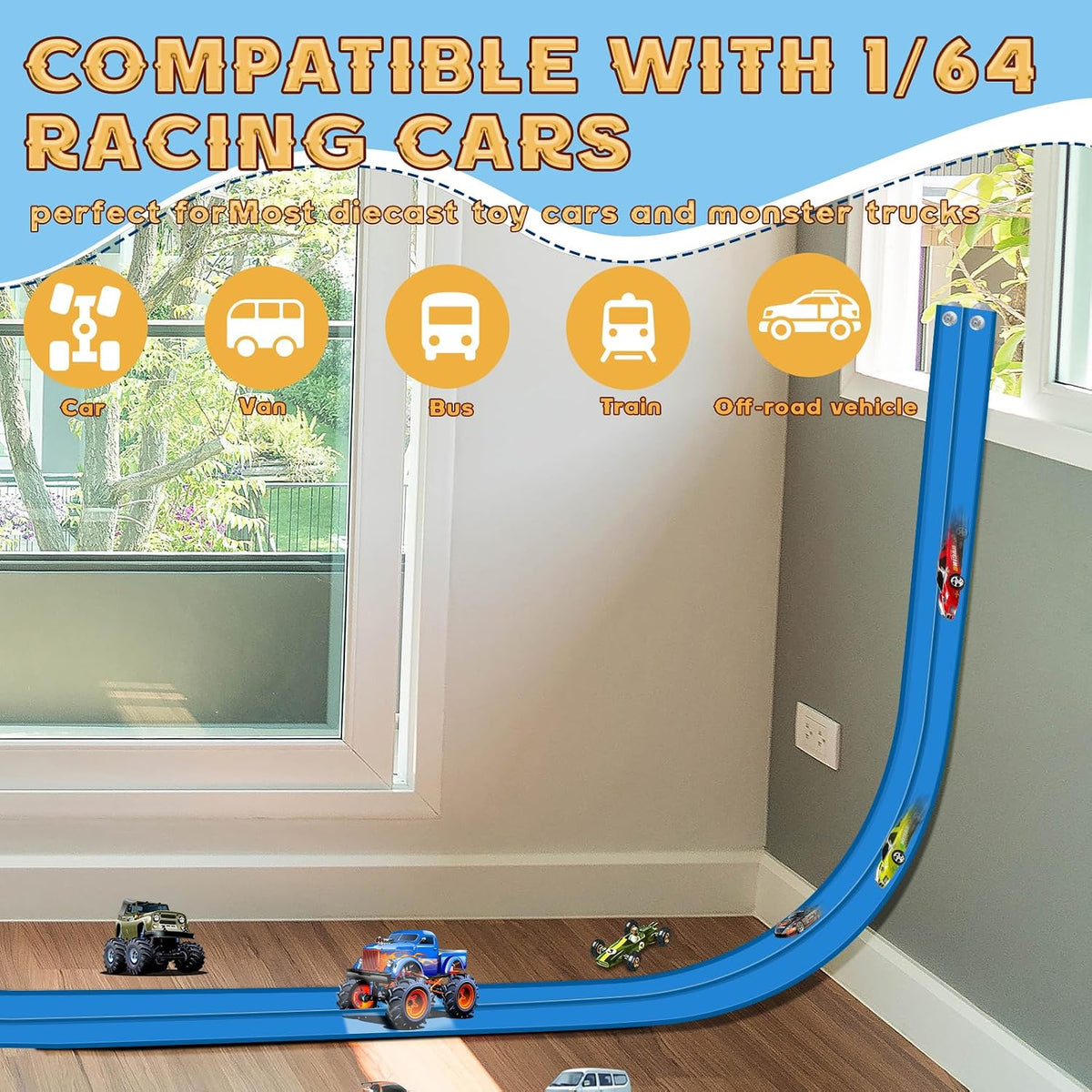 Flex Tracks 6.5 Ft for Kids Starter Set, Flexible Race Car Ramp Track with Suction Cups Compatible with Diecast 1/64th Cars for Ages 3 & Up (6.5Ft Blue & Red)