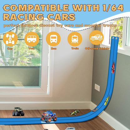 Flex Tracks 6.5 Ft for Kids Starter Set, Flexible Race Car Ramp Track with Suction Cups Compatible with Diecast 1/64th Cars for Ages 3 & Up (6.5Ft Blue & Red)
