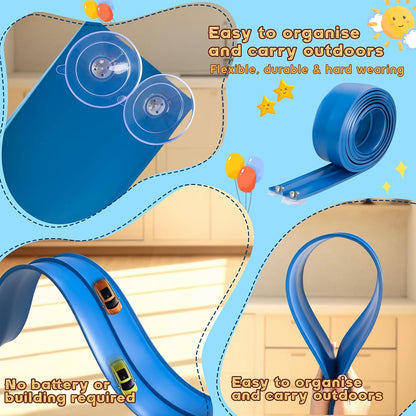 Flex Tracks 6.5 Ft for Kids Starter Set, Flexible Race Car Ramp Track with Suction Cups Compatible with Diecast 1/64th Cars for Ages 3 & Up (6.5Ft Blue & Red)