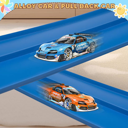 Flex Tracks 6.5 Ft for Kids Starter Set, Flexible Race Car Ramp Track with Suction Cups Compatible with Diecast 1/64th Cars for Ages 3 & Up (6.5Ft Blue & Red)
