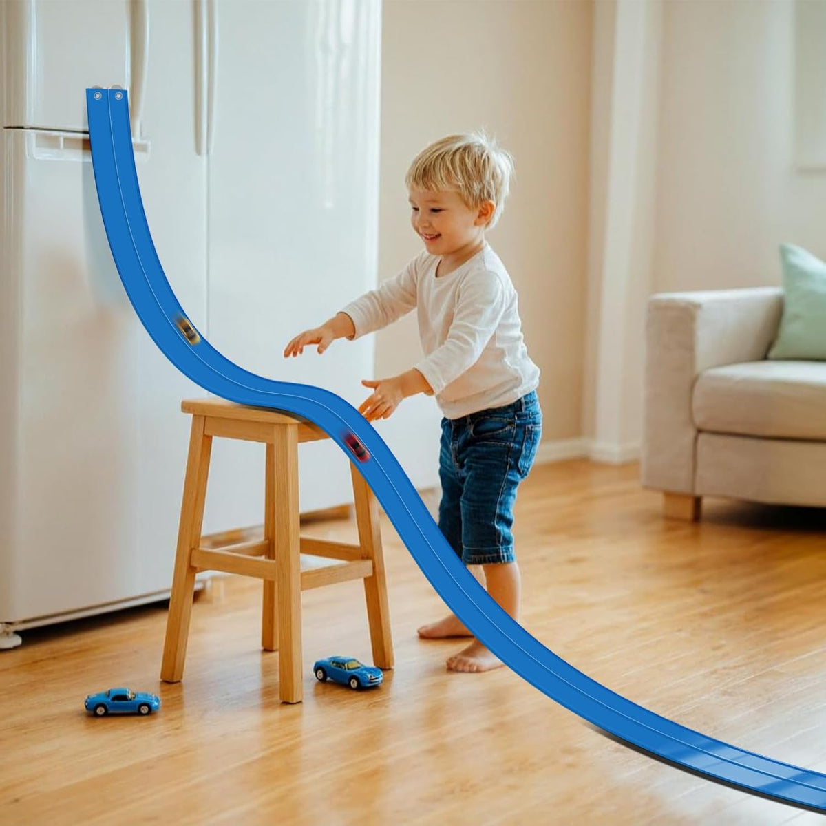 Flex Tracks 6.5 Ft for Kids Starter Set, Flexible Race Car Ramp Track with Suction Cups Compatible with Diecast 1/64th Cars for Ages 3 & Up (6.5Ft Blue & Red)
