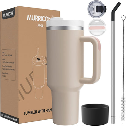 40 oz Tumbler with Handle and Straw,Reusable Vacuum Quencher Tumbler with Lid,Stainless Steel Insulated Travel Mug,for Coffee and Beverages(Rose Quartz)