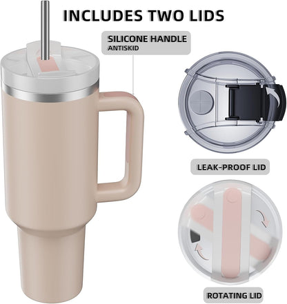 40 oz Tumbler with Handle and Straw,Reusable Vacuum Quencher Tumbler with Lid,Stainless Steel Insulated Travel Mug,for Coffee and Beverages(Rose Quartz)
