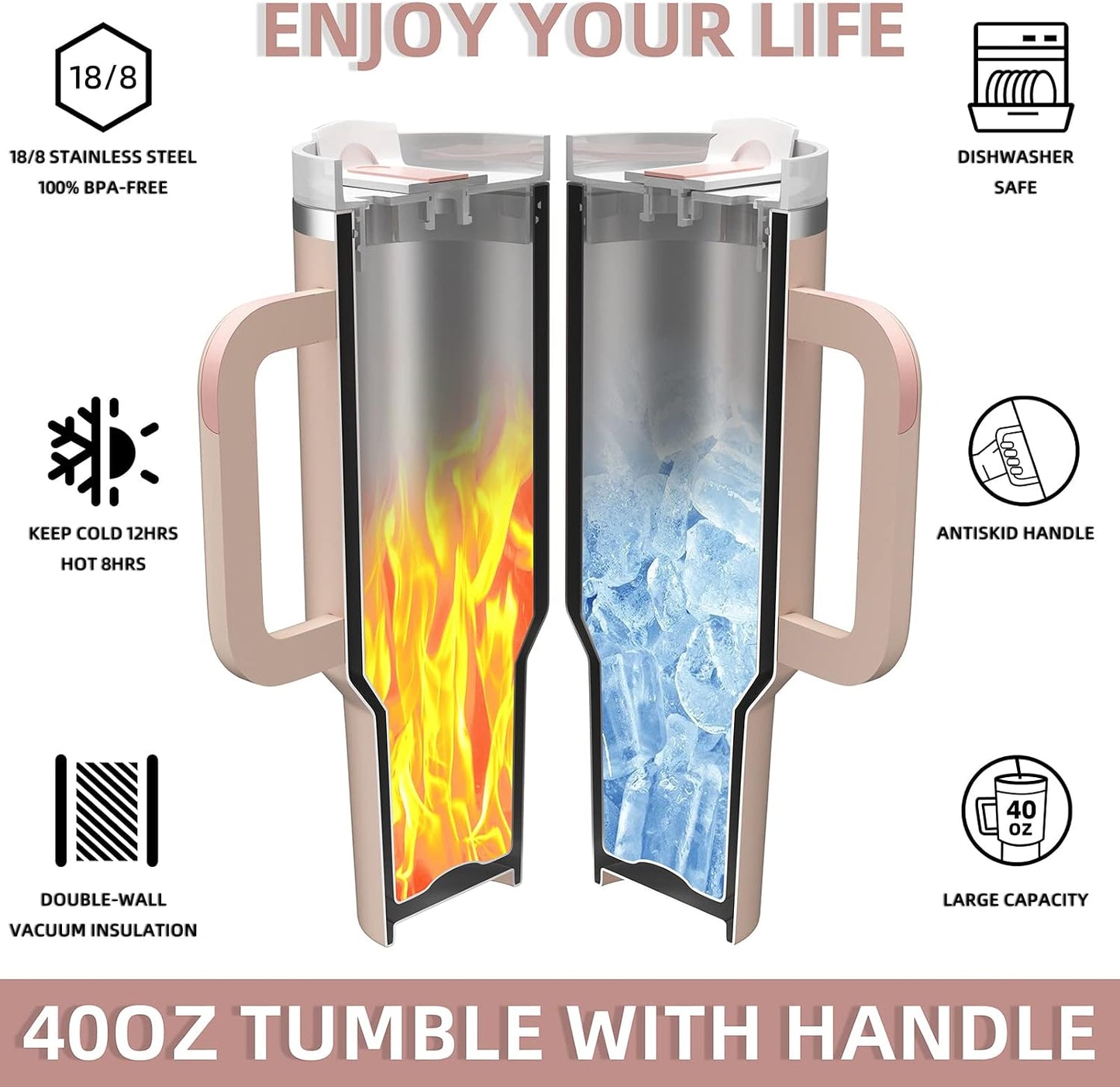 40 oz Tumbler with Handle and Straw,Reusable Vacuum Quencher Tumbler with Lid,Stainless Steel Insulated Travel Mug,for Coffee and Beverages(Rose Quartz)