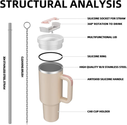 40 oz Tumbler with Handle and Straw,Reusable Vacuum Quencher Tumbler with Lid,Stainless Steel Insulated Travel Mug,for Coffee and Beverages(Rose Quartz)