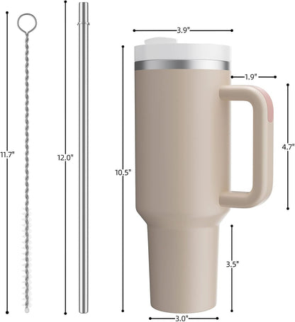 40 oz Tumbler with Handle and Straw,Reusable Vacuum Quencher Tumbler with Lid,Stainless Steel Insulated Travel Mug,for Coffee and Beverages(Rose Quartz)