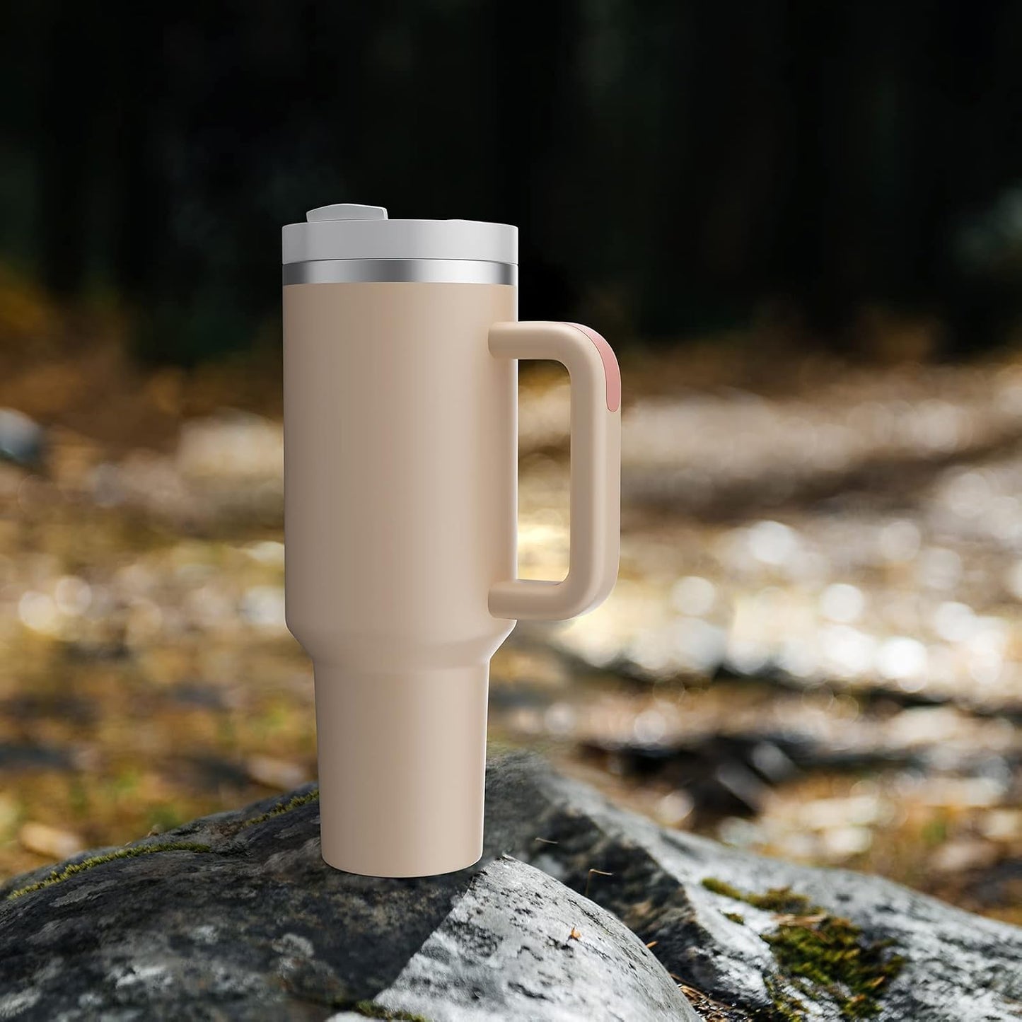 40 oz Tumbler with Handle and Straw,Reusable Vacuum Quencher Tumbler with Lid,Stainless Steel Insulated Travel Mug,for Coffee and Beverages(Rose Quartz)