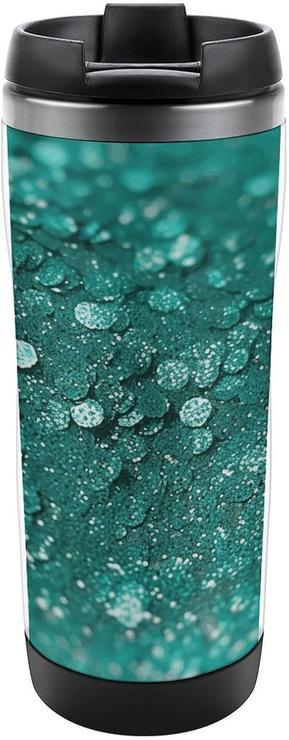 13oz Insulated Travel Coffee Mug Reusable Coffee Cup Water Bottle | Turquoise Glitter Travel Mug with Leak Proof Lid Double Wall Stainless Steel Coffee Tumbler Personalized Gift