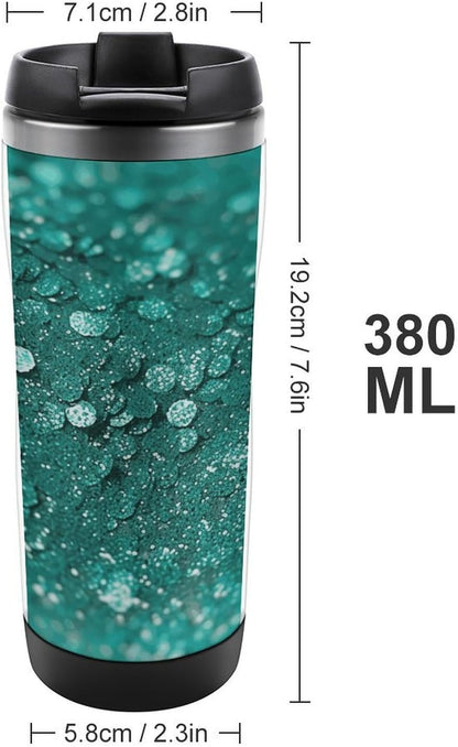 13oz Insulated Travel Coffee Mug Reusable Coffee Cup Water Bottle | Turquoise Glitter Travel Mug with Leak Proof Lid Double Wall Stainless Steel Coffee Tumbler Personalized Gift