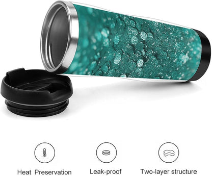 13oz Insulated Travel Coffee Mug Reusable Coffee Cup Water Bottle | Turquoise Glitter Travel Mug with Leak Proof Lid Double Wall Stainless Steel Coffee Tumbler Personalized Gift