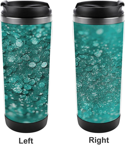 13oz Insulated Travel Coffee Mug Reusable Coffee Cup Water Bottle | Turquoise Glitter Travel Mug with Leak Proof Lid Double Wall Stainless Steel Coffee Tumbler Personalized Gift
