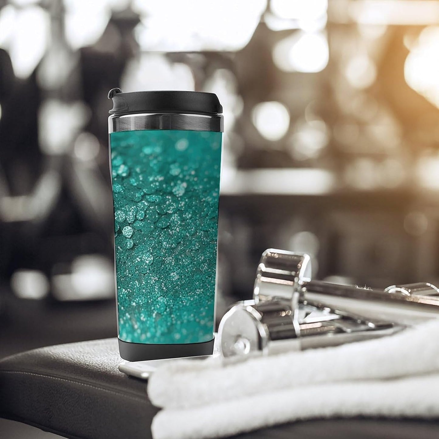 13oz Insulated Travel Coffee Mug Reusable Coffee Cup Water Bottle | Turquoise Glitter Travel Mug with Leak Proof Lid Double Wall Stainless Steel Coffee Tumbler Personalized Gift
